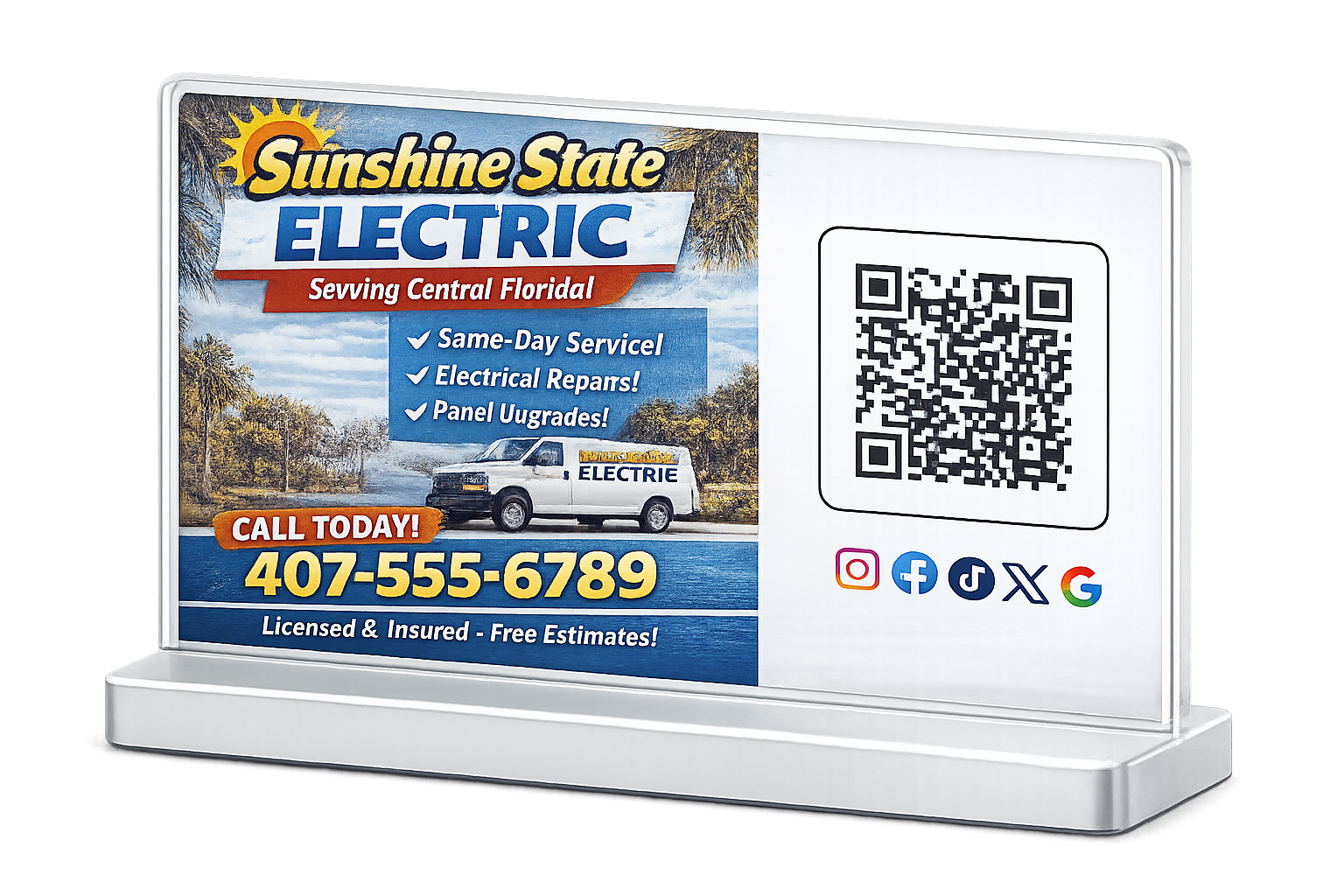 E-Ink napkin dispenser display showing a local business ad with QR code